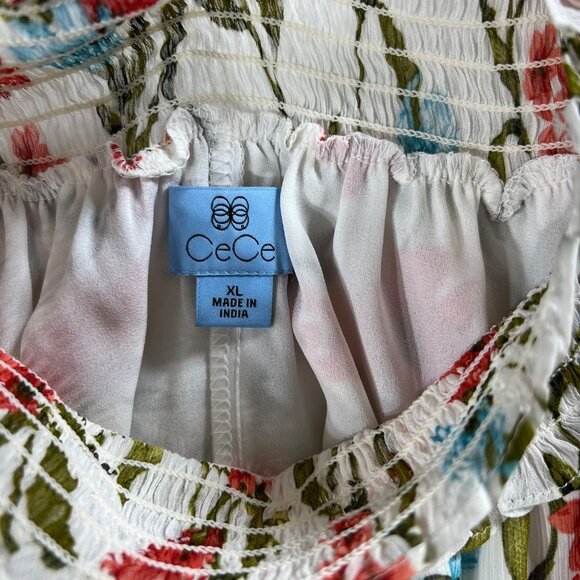 CeCe Women XL White Floral Off Shoulder Smocked Ruffle Sleeve Chiffon Top Beachy - Picture 14 of 16